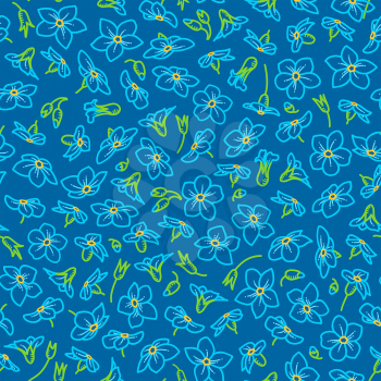 Forget-me-nots boundless background. Outline light blue tiny flowers on dark blue background. Tileable design element.