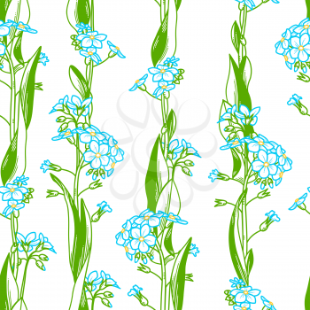 Floral boundless background. Contours of blue tiny flowers and bright green leaves. Tileable design element.