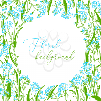 Blue linear tiny flowers and bright green leaves. Forget-me-nots round frame. Square illustration. There is copy space for your text in the center.