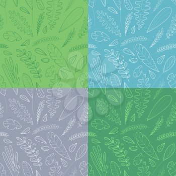 Doodles tropical leaves and grass. White linear nature elements on colored backgrounds. Hand-drawn boundless background.