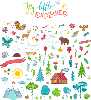 Trees, bear, deer, mountains, clouds, butterflies, flowers, leaves, etc. Cartoon elements are perfect for invitation, poster, mug, bag, card or t-shirt design.