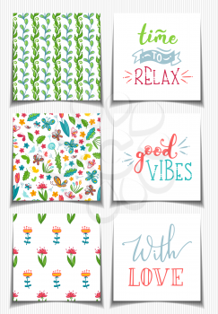 Hand drawn lettering and seamless patterns for your design. With love. Good vibes. Time to relax.