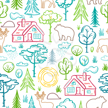 Linear house in the woods, trees and bushes, wild deer, bear, hedgehog. Bright boundless background for your nature design.
