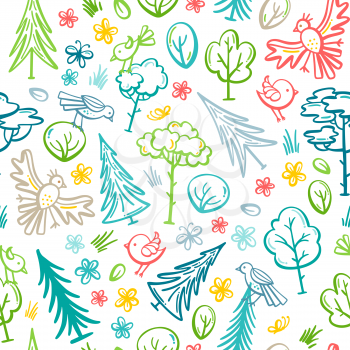 Linear trees, bushes, birds and flowers. Bright boundless background for your summer design.