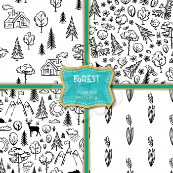 Linear house in the woods, trees and bushes, wild deer, bear, hedgehog, flowers and butterflies. Black and white boundless backgrounds for your design.