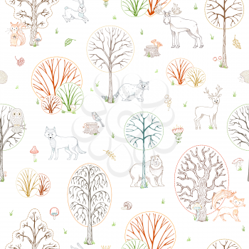 Owl, wolf, deer, fox, hare, raccoon and moose. Linear cartoon boundless background for children designs. Autumn trees and falling leaves. Wild life in forest.