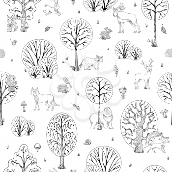 Doodles fox, moose, deer, owl, bear, squirrel, raccoon, hedgehog, mushrooms and trees. Autumn falling leaves. Duotone boundless background.