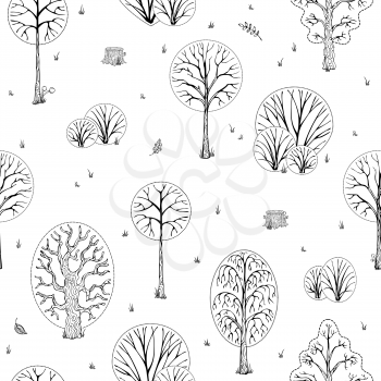 Black contours of autumn trees, bushes and stumps on white background. Autumn leaves, grass, seeds and mushrooms. Doodles boundless background.