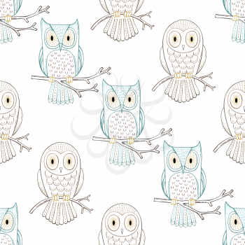 Cute colored linear owls on white background. Boundless background for your design.
