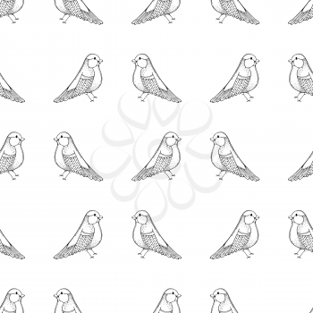 Doodles birds on white background. Boundless background for your design. Black and white repeating tiles.