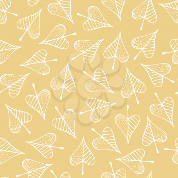 White linear autumn leaves on yellow background. Fall boundless background. Tileable elements.