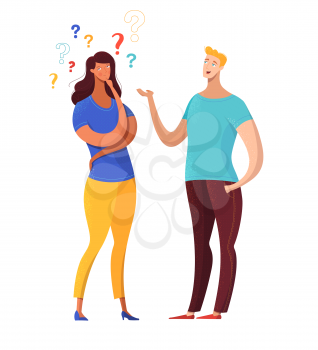 Boy asking girl questions flat vector illustration. Cheerful man talking to confused woman. Thoughtful lady considering offer, options isolated character. Cartoon couple sharing news, secrets