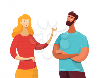 Blonde woman talking with man vector illustration. Cheerful lady gesturing in conversation with bearded boy. Serious guy with crossed arms listening to pretty girl. Friend, colleague communicating