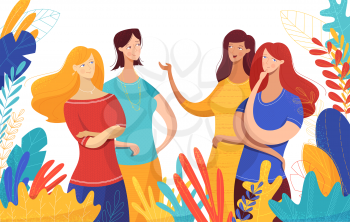 Ladies communication flat vector illustration. Cartoon women, girls having friendly chat. Female colleagues during lunch break. Girlfriends discussing latest news, gossiping, spreading rumors