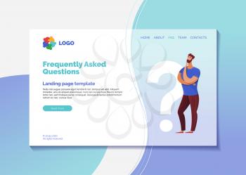 Corporate helpline landing page vector template. Company FAQ webpage design layout with text space. Confused client needs help cartoon character. Customer support, helpdesk website page