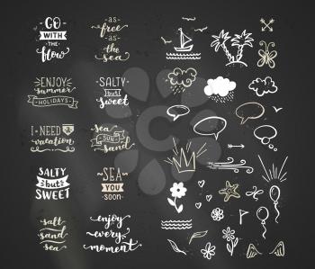 Great typography for poster, mug, bag, card or t-shirt design. Brush lettering design and doodle illustrations on dark blackboard background.