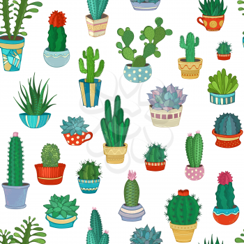 A variety of cartoon cactus with prickles, flowers and without. They are in flower pots or cups. Cartoon boundless background.