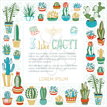 Various cacti in flower pots and cups on white background. Hand-drawn swirls and spirals. Some of them are with prickles and flowers.