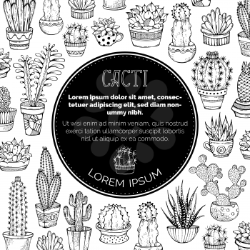 Various linear cactuses and succulents in flower pots and cups. They are with spines and flowers. Black and white. Can be used to colouring book for adults.