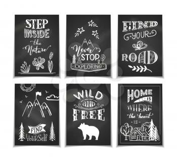 Unique calligraphic quotes and phrases written by brush. White doodle illustrations on black chalkboard backgrounds. Ready-to-use prints for you.