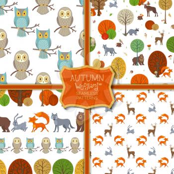 Cute wild animals and birds, autumn trees and bushes. Fox, moose, deer, bear, squirrel, raccoon, hedgehog and others. Tileable backgrounds.