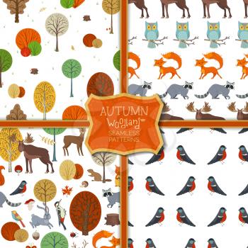 Cute wild animals and birds, autumn trees and bushes. Fox, moose, deer, bear, squirrel, raccoon, hedgehog, bullfinch and others. Tileable backgrounds.