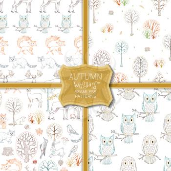 Cute outline wild animals and birds, autumn trees and bushes. Fox, moose, deer, bear, squirrel, raccoon, hedgehog and others. Tileable backgrounds.