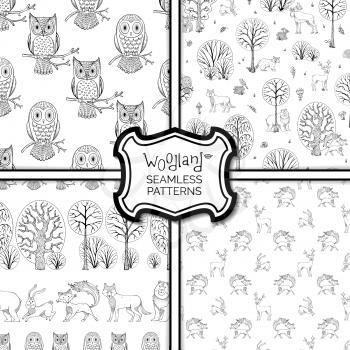 Cute doodles wild animals and birds, trees and bushes. Fox, moose, deer, bear, squirrel, raccoon, hedgehog and others. Tileable backgrounds.
