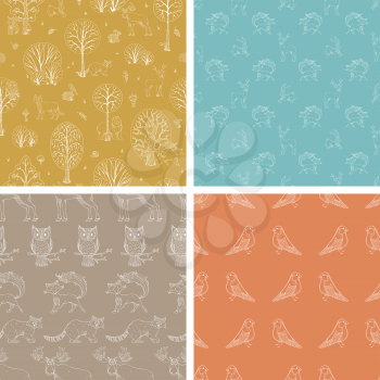 Cute linear wild animals and birds, autumn trees and bushes. Fox, moose, deer, bear, squirrel, raccoon, hedgehog and others. Vector tileable backgrounds.