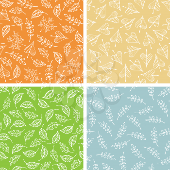 Linear contours of maple, oak, rowan, ash and linden leaves on colored background. Fall boundless background. Vector tileable backgrounds.