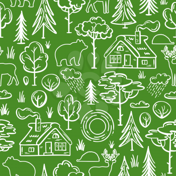 Linear house in the woods, trees and bushes, wild deer, bear, hedgehog. Bright boundless background for your nature design. Green and white.