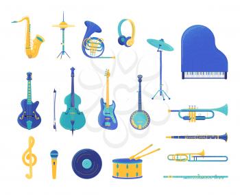 Musical instruments flat vector illustrations set. Electric guitar, grand piano, trumpet, saxophone isolated design elements. Wind and string instruments. Retro music record and microphone
