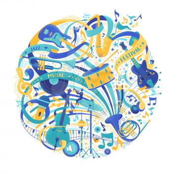 Musical instruments store assortment flat vector illustration. Jazz music festival advertisement. Electric guitar, grand piano, trumpet, saxophone isolated design elements. Retro microphone, violin