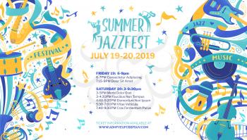 Jazz festival flat vector web banner template. Classical music concert, summer event, retro fest poster. Percussion, string instruments color illustration. Blues, rock and roll band performance