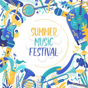 Summer music festival social media banner template. Classical concert, blues and jazz band performance. Musical event poster with text space. Woodwind and string music instruments illustration