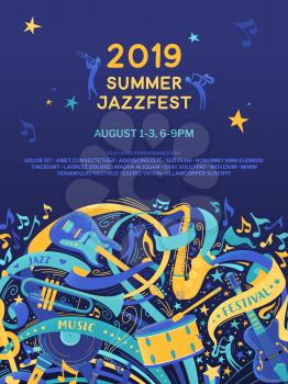 Jazz festival flat vector poster template. Classical music concert, summer event, fest web banner with text space. Percussion, wind and string instruments color illustration. Blues band performance