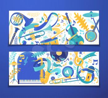 Music instruments store vector backgrounds set. Trumpet, violin, drums illustration. Record, microphone, french horn retro style backdrops pack. Classical concert, jazz band show, cultural event