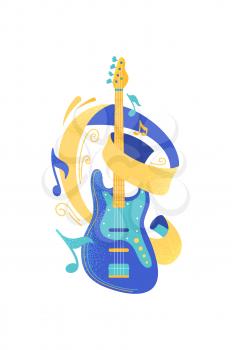 Modern electric guitar flat vector illustration. String musical instrument and notes isolated clipart. Rock band performance. Guitarist professional equipment design element. Live music concert, show