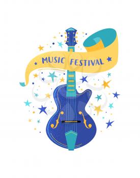 Electric guitar flat vector illustration with lettering. String musical instrument. Music festival typography on ribbon. Blues musician performance poster. Rock and roll live concert web banner