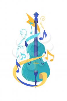Violoncello flat vector illustration. Classic cello and music notes isolated clipart. Cultural event, concert, symphony orchestra show. Bowed string musical instrument, musician professional equipment