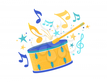 Drum and stick flat vector illustration. Snare with drumstick, professional drummer equipment isolated clipart. Carnival, festival celebration. Percussion, kids toy. Musical instrument with notes