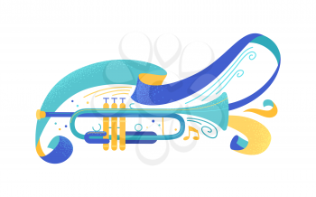 Blue trumpet flat vector illustration. Professional brass instrument with ribbons and serpentine isolated clip art. Classical music ensemble, jazz concert performance. Musician equipment