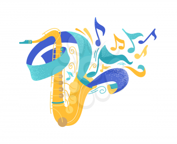 Golden saxophone flat vector illustration. Sax with paper streamer isolated clipart. Professional brass instrument, saxophonist equipment drawing. Classical music, jazz concert performance