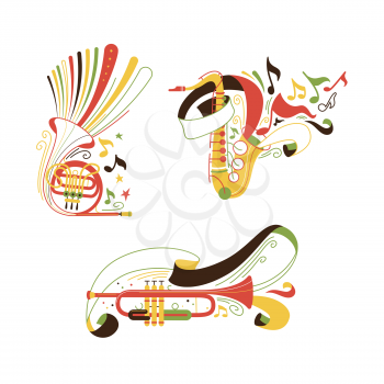 Brass and woodwind musical instruments illustrations set. Trumpet and saxophone with ribbons. French horn and sax isolated cliparts pack. Symphony orchestra equipment. Carnival, music party