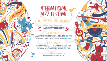 International jazz festival web banner vector template. Retro rock and roll music party. Blues bands contest announcement poster with text space. Cultural event. Musical instruments illustration