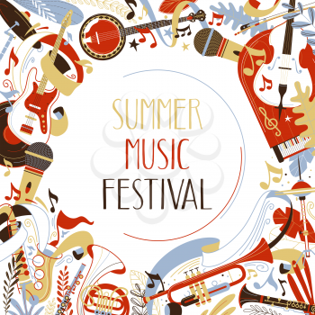 Summer music festival flat web banner template. Classical concert, blues and jazz band performance advertising poster with text space. Musical event social media post layout. Trumpet, sax illustration