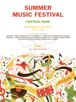 Free music festival flat vector poster template. Summer open air jazz fest web banner with text space. Drums, trumpet, saxophone, guitar musical instruments doodle drawing. Blues concert flyer