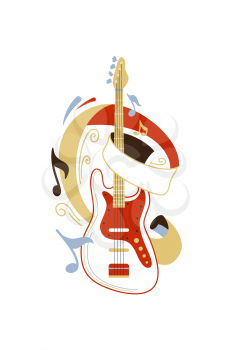 Electric guitar flat vector illustration. String musical instrument and notes isolated clipart. Rock musician professional equipment design element. Live music concert, show, band performance