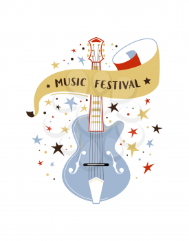 Retro electric guitar flat vector illustration. String musical instrument isolated clip art. Rock and roll music festival, blues musician performance poster. Live concert web banner with lettering