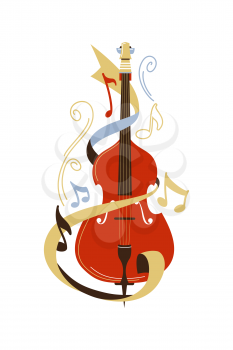 Cello flat vector illustration. Violoncello and notes isolated clipart. Classical music concert, symphony orchestra show. Bowed string musical instrument, musician professional equipment